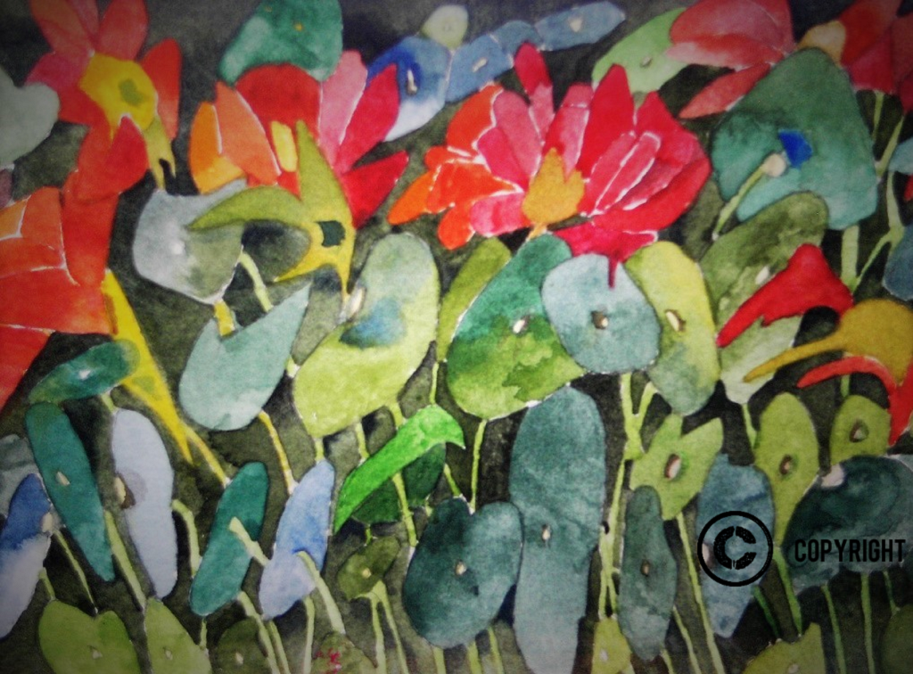 Orange and Red Nasturtiums,Watercolour - Image 7" x 5", Frame 16.75" x 14.25" Value: $275.00
