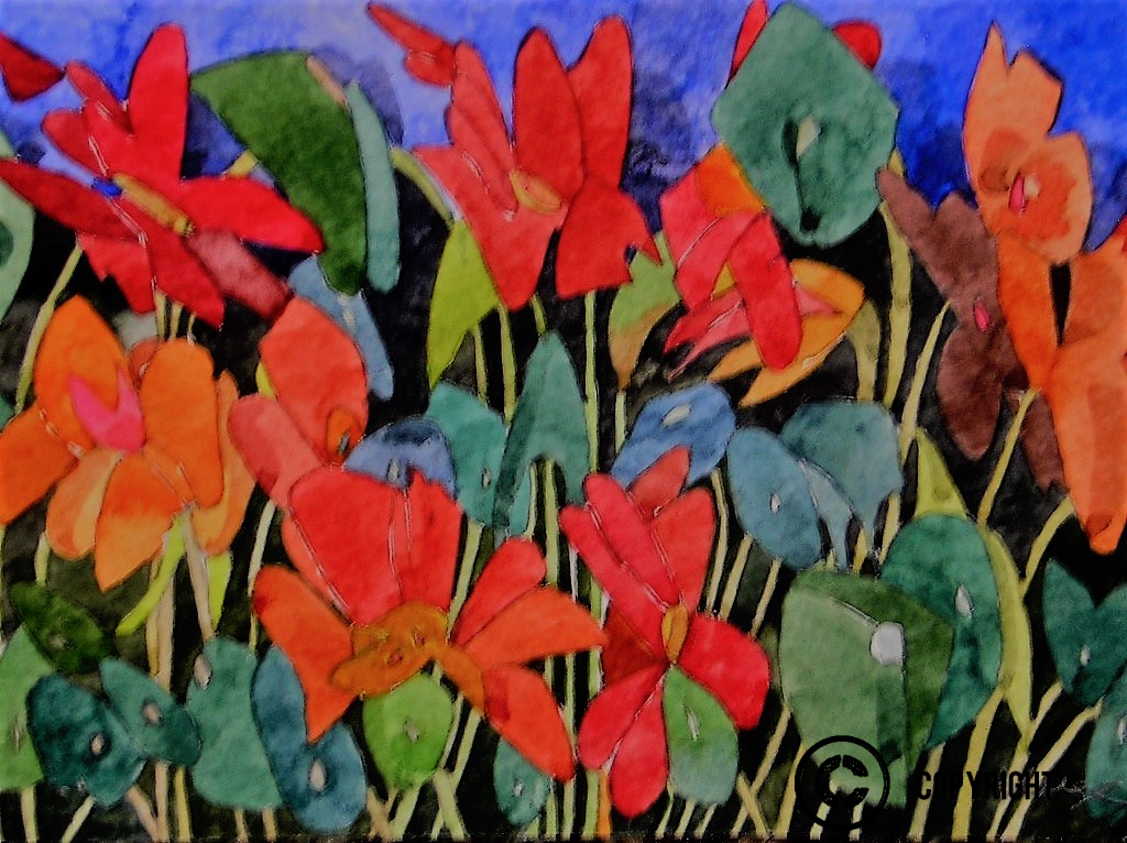 Red Nasturtiums, Watercolour - Image: 7" x 5", Frame: 16.75" x 14.25" Value: $275.00