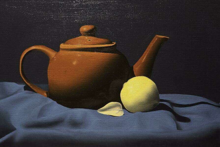 Teapot and Lemon. Still life. Oil on canvas paper. 7.15 in. x 10.75 in.