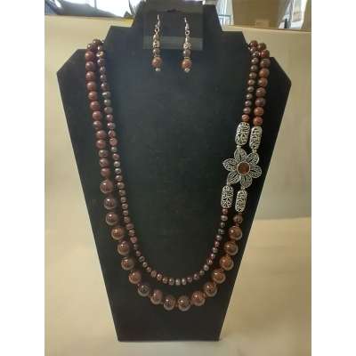 Necklace and Earrings - 2 strand brown glass beads