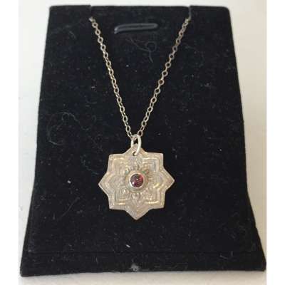 Necklace - Fine Silver Mandala with Garnet, SS chain