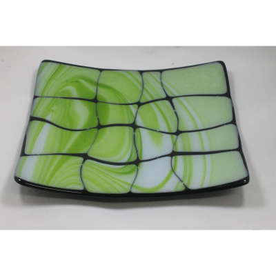 Fused glass plate - green and white swirl