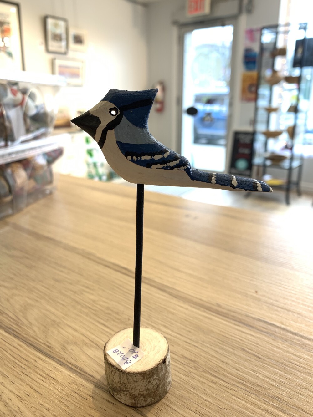 Hand-Carved Wood Blue Jay on Post