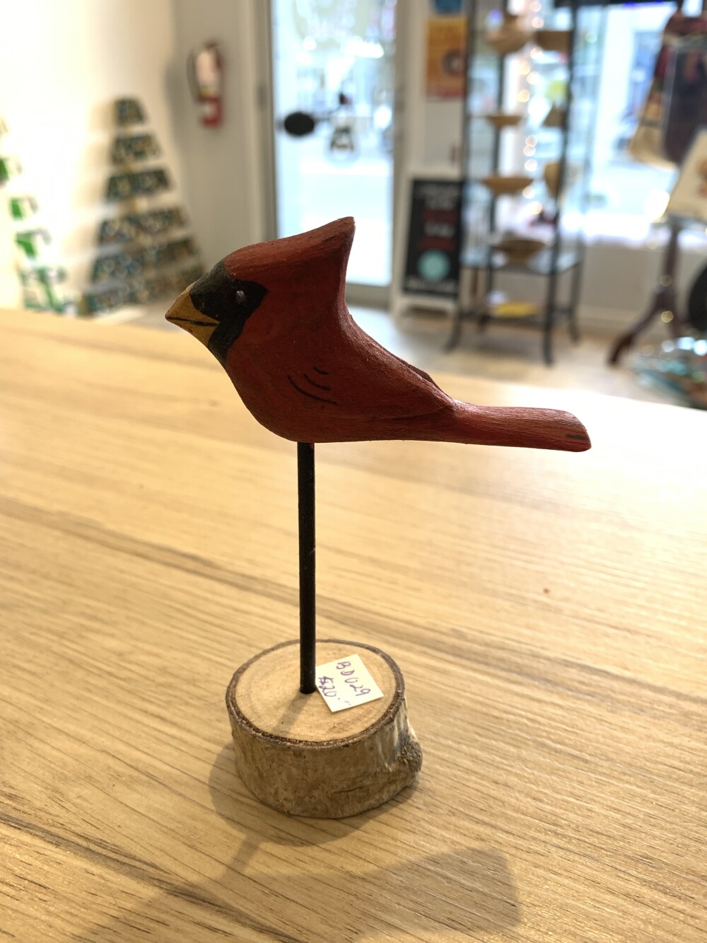 Hand-Carved Wood Cardinal on Post