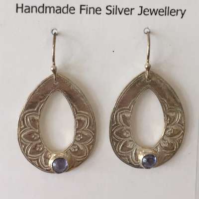 Earrings - Fine Silver Hoop Shape with Tanzanite CZ