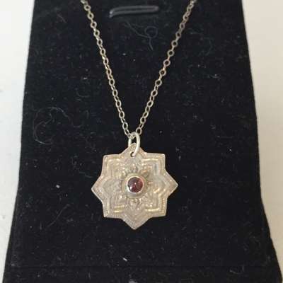 Necklace - Fine Silver Mandala with Garnet, SS chain