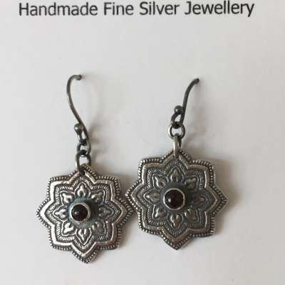 Earrings - Fine Silver Mandala with Garnet