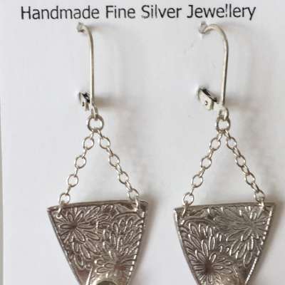 Earrings - Fine Silver Floral Shield with Tourmaline