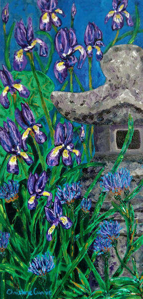 Irises, Cornflowers, and Petasites, heavy acrylic on canvas, 2022. 10"W x 20"H x 1.5"D All rights reserved.