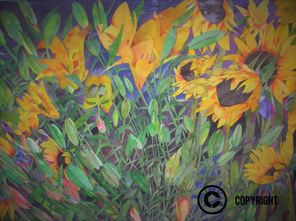 Sunflowers, Tulips and Lilies, Watercolour, 29" x 21" (39" x 32" framed) $2600.00