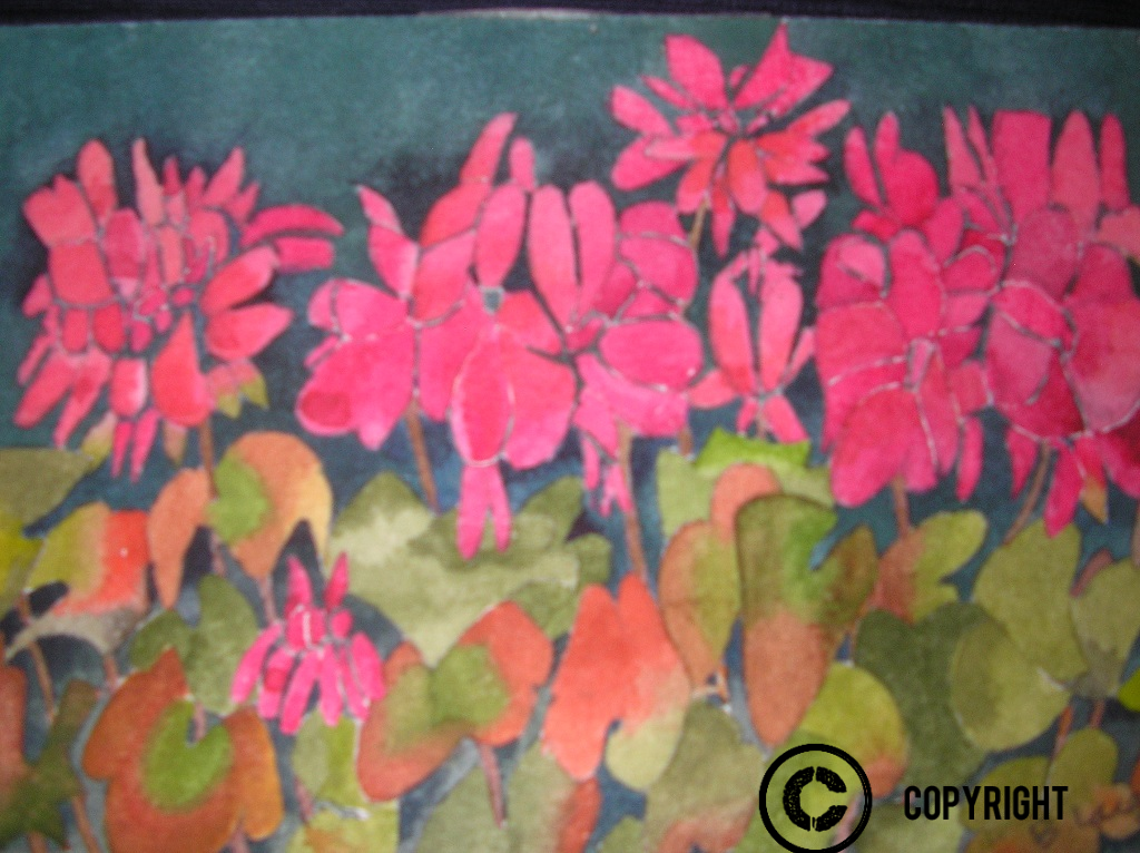 Geraniums (watercolour) 5" x 7" (16" x 14" framed) $225