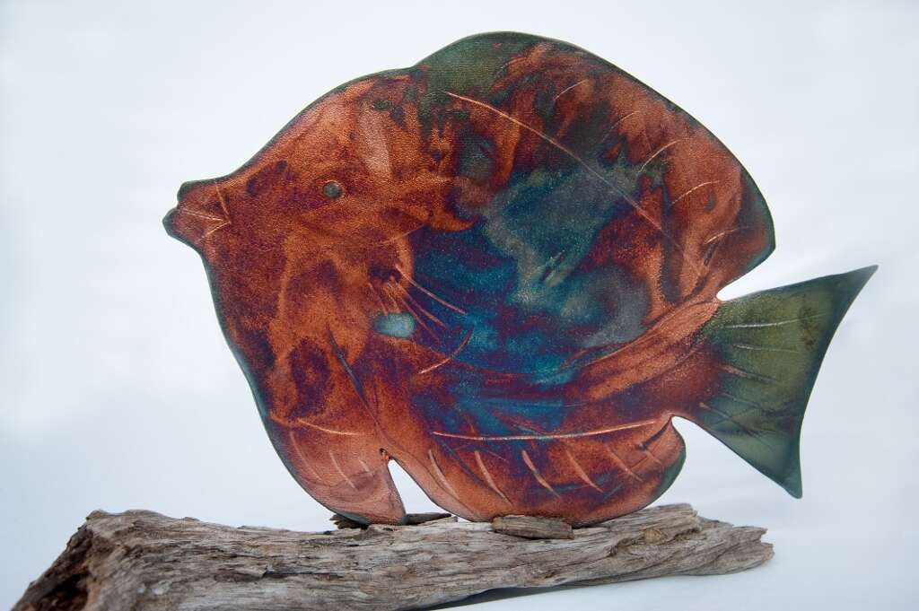 Raku Rainbow Fish on driftwood in copper matt 