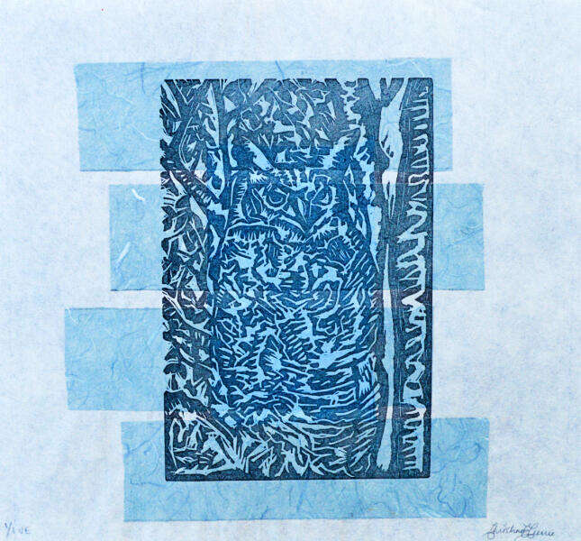 Great Horned Owl, Linoblock relief print with chine collé on washi, 1/1 VE, 2023. Approx 10"W x 10"H All rights reserved.