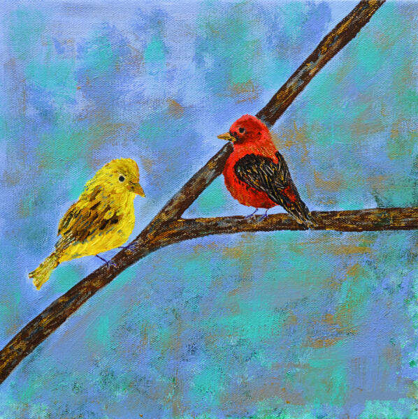 Scarlet Tanager Mates in Springtime. Heavy acrylic on canvas, Urban Agriculture Flora and Fauna project, 2023. 12" W x 12" H x 1.5" D
