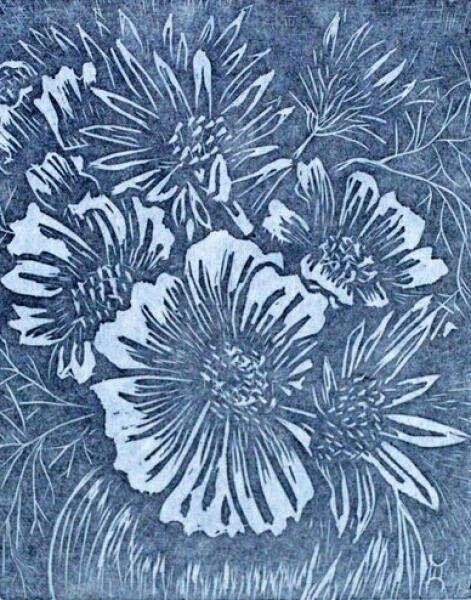 Sunchokes and Cosmos, linoblock relief print on washi, 2023. approx 10"W x 10"H All rights reserved.