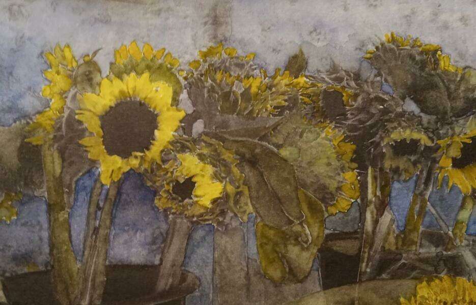 Potted Sunflowers - WC, Hand-painted Photograph, Image 7 x 4.50 Inches, Frame 17.50 x 15.25 Inches, $350.00