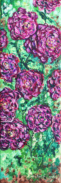 Hide-and-Seek II, heavy acrylic on canvas, 2025. This piece has a hidden element: an adult male ruby-throated hummingbird just out of sight on the right edge of the canvas! 4"W x 12"H x 1,5"D All righ