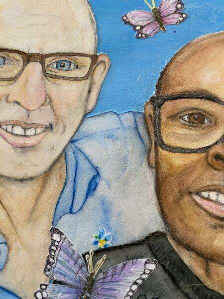 Clarence and René. Detail of mixed media collage on gallery panel. 36"x36"