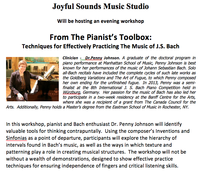 JOYFUL SOUNDS MUSIC STUDIO will be hosting an evening workshop From The Pianist’s Toolbox: Techniques for Effectively Practicing The Music of J.S. B