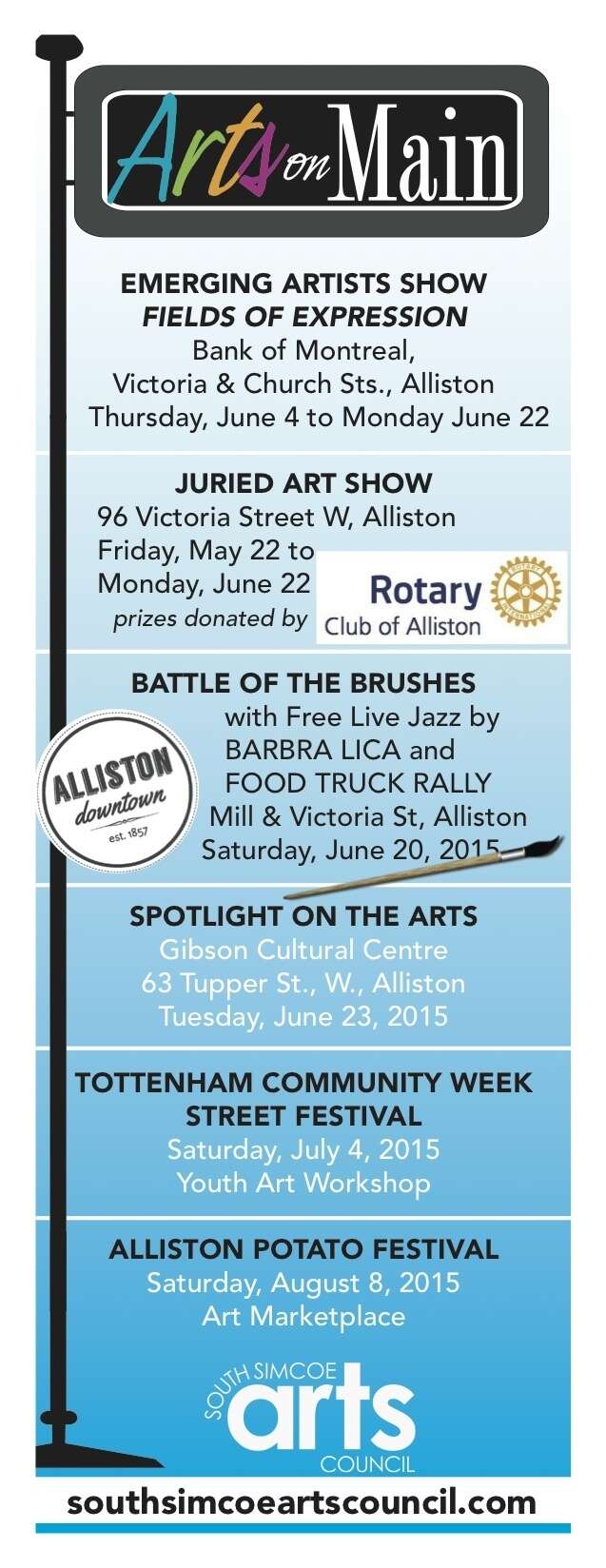June 20, 2015 BATTLE OF THE BRUSHES  The ABIA has invited our Membership to showcase their artworks by allowing them to set up a table / booth at the  - Arts on Main Programs